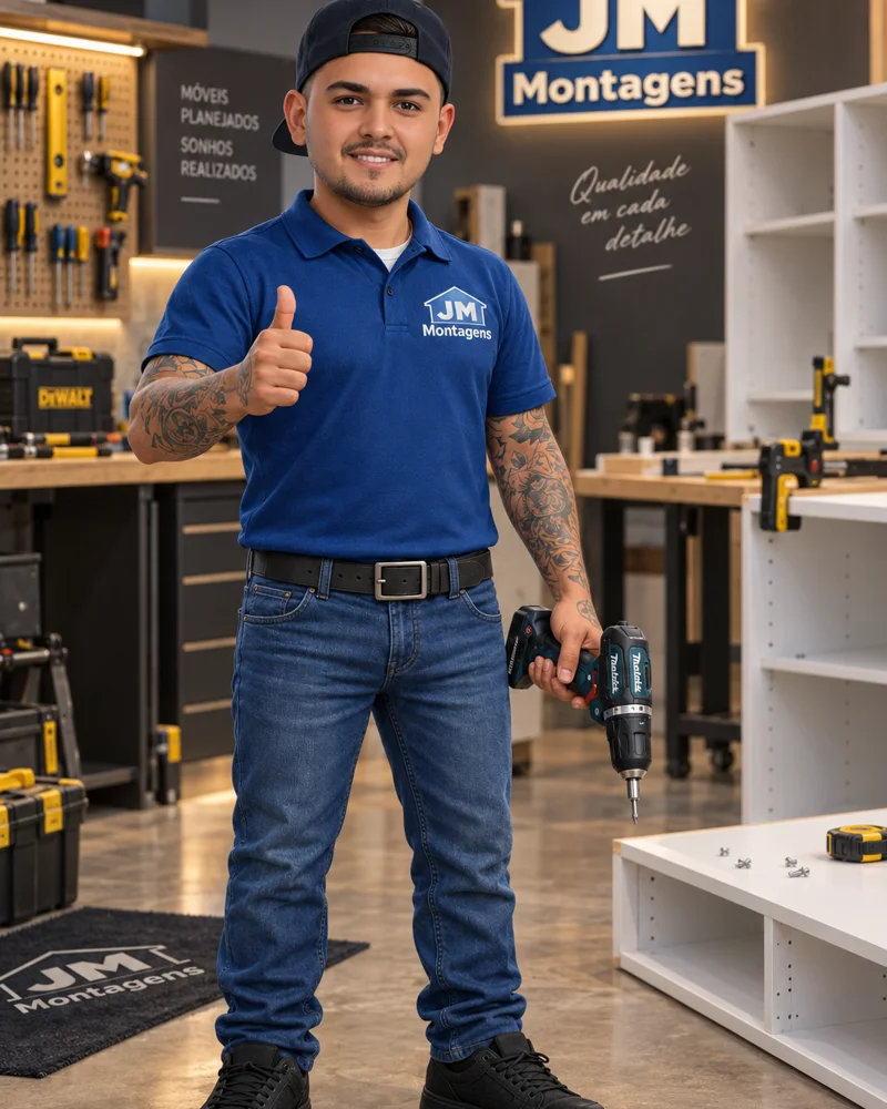 Jefferson Miguel, montador de móveis, uniformizado com a marca JM Montagens